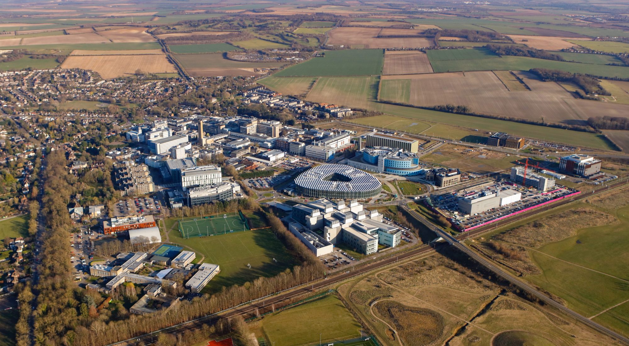 Cambridge Biomedical Campus aerial facing east
