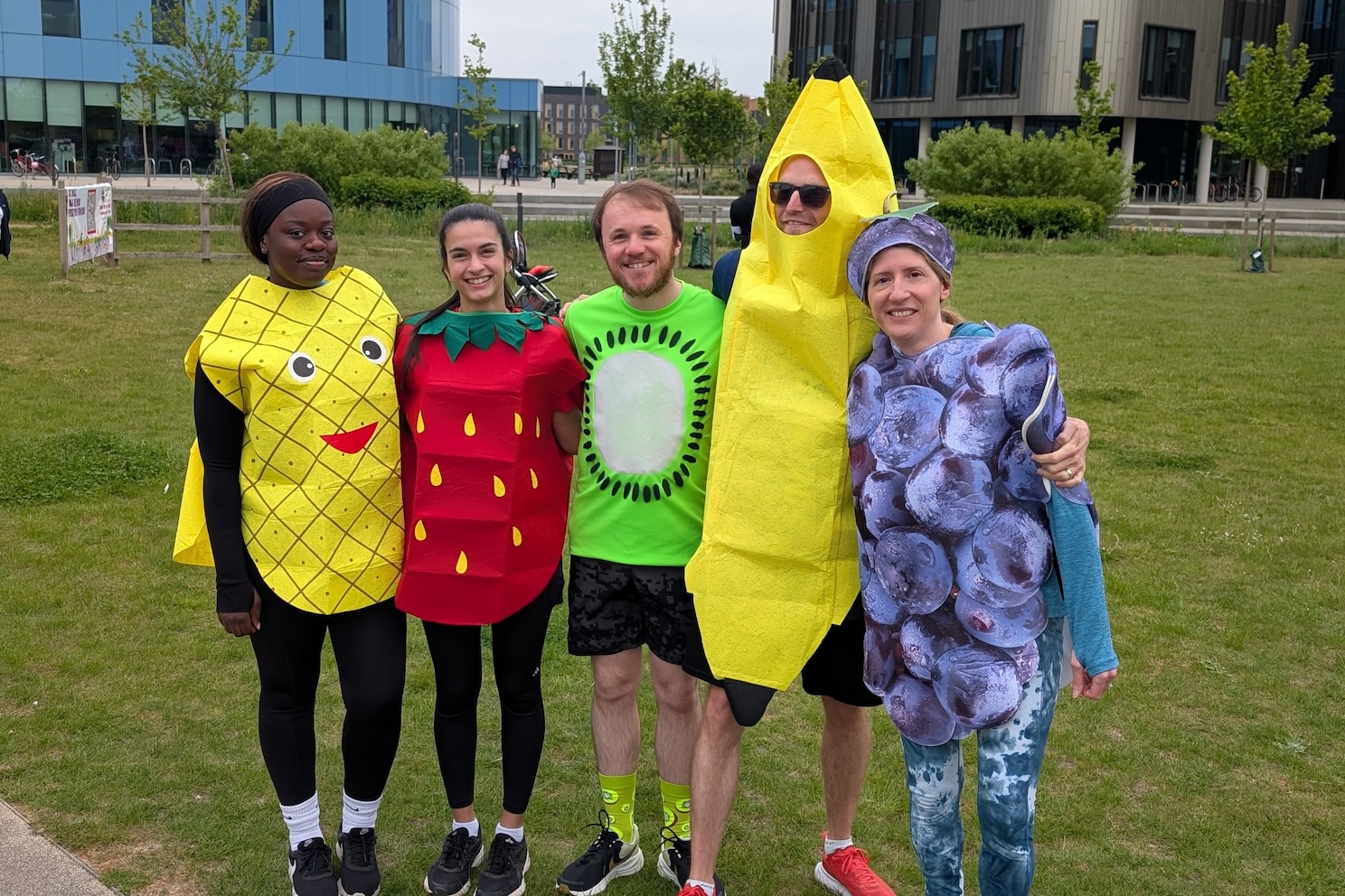 Team dressed as fruit before the Cambridge Biomedical Campus Fun Run