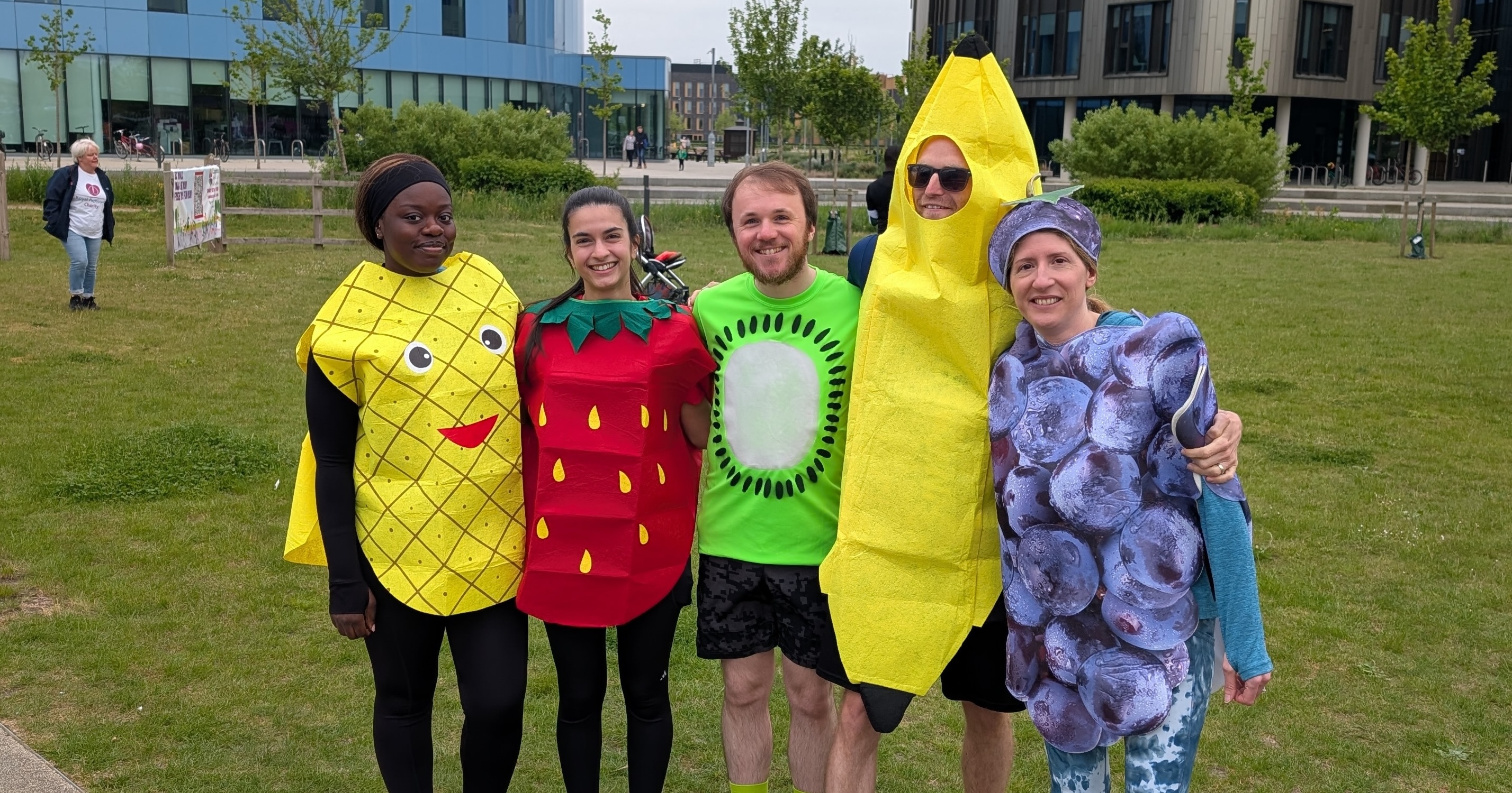 Team dressed as fruit before the Cambridge Biomedical Campus Fun Run