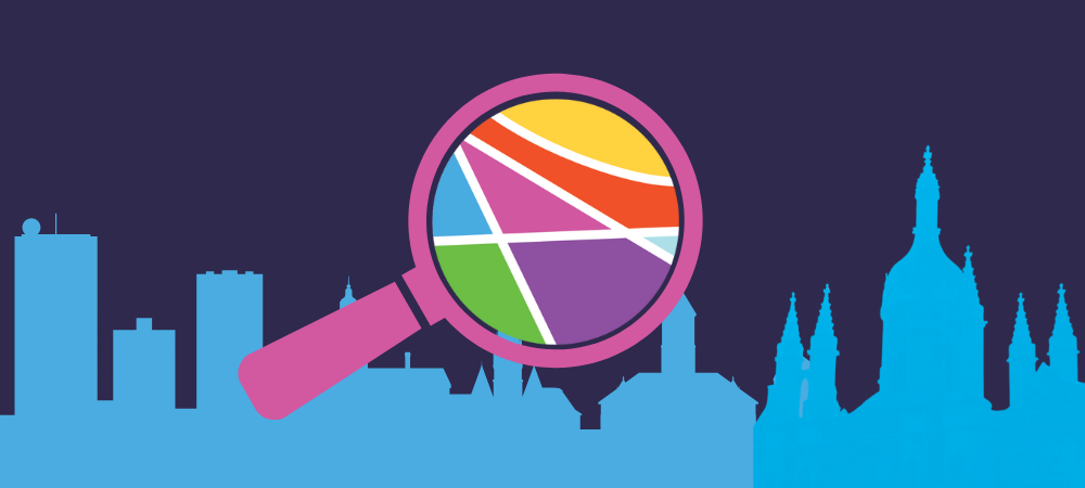 Cambridge skyline under magnifying glass banner